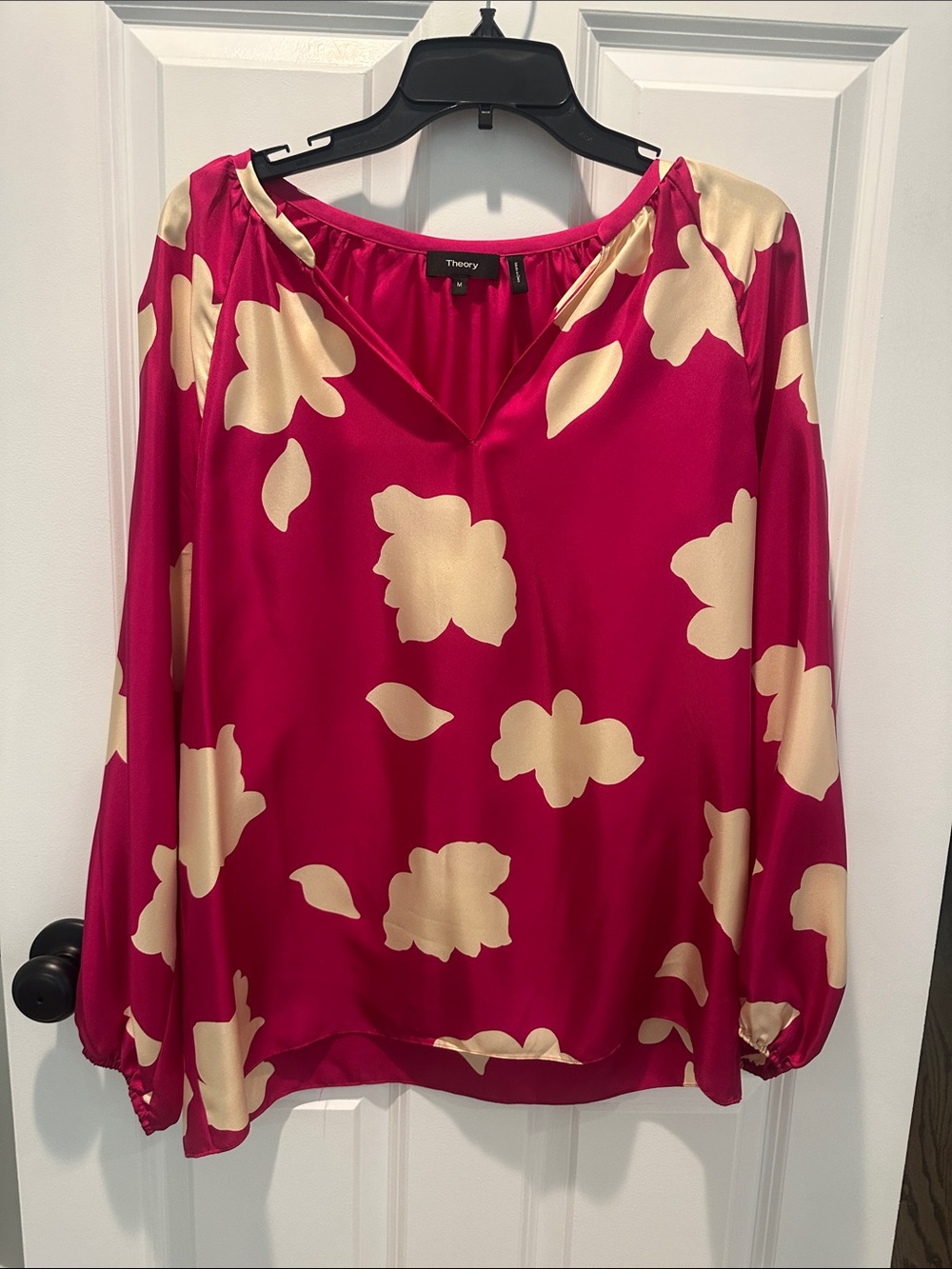 Theory Fuchsia and Cream Floral 100% Silk V-Neck Blouse